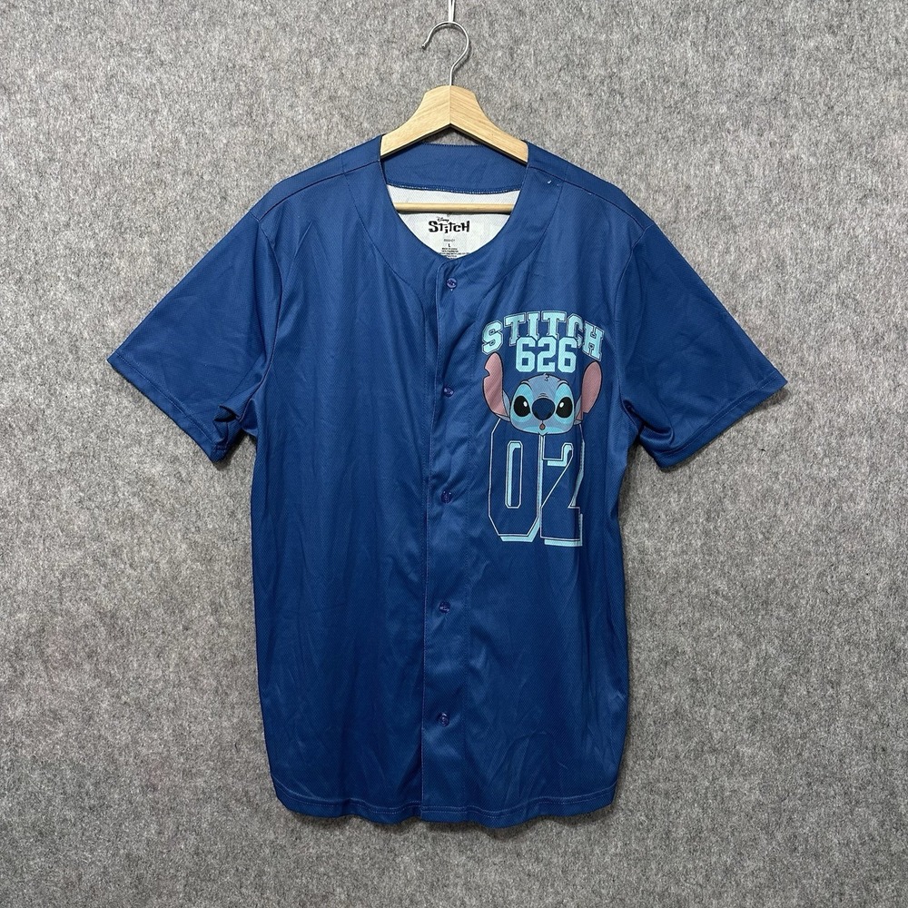 Disney Jersey Shirt Mens Large Blue Lilo & Stitch 626 Button Front Graphic‎ 02